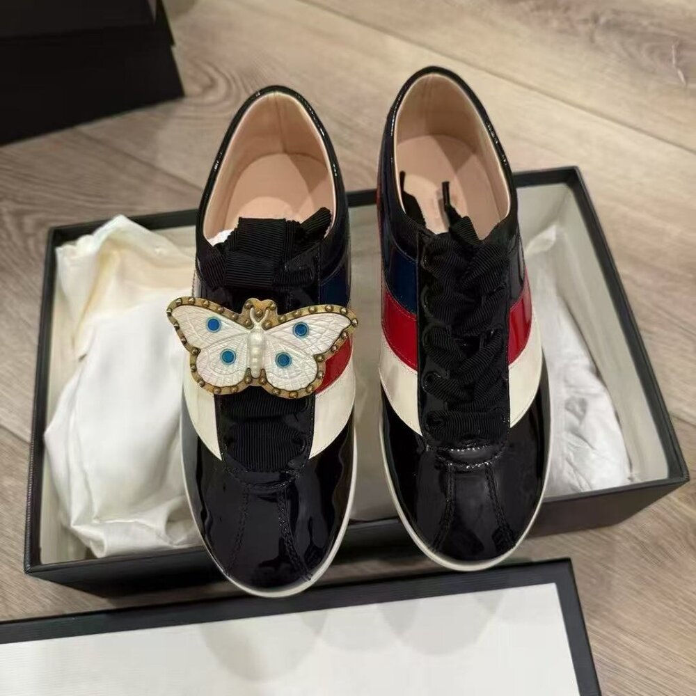 NIB Authentic Gucci Patent Leather Trainer Sneaker with Bufferfly